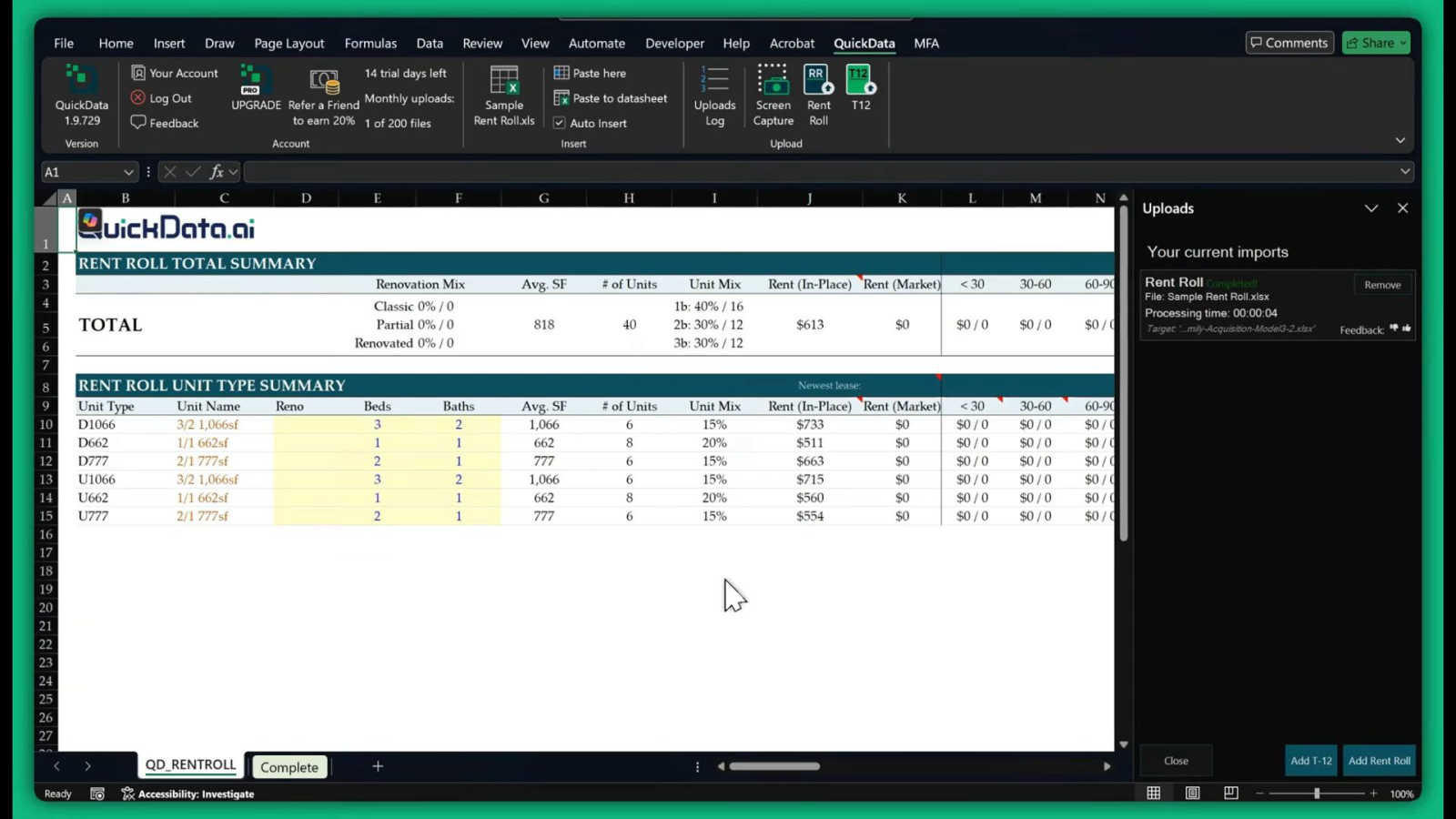 QuickData.ai interface and professional features