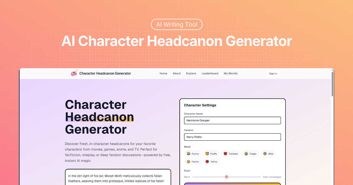 AI Character Headcanon Generator - aiheadcanon.com interface and professional features