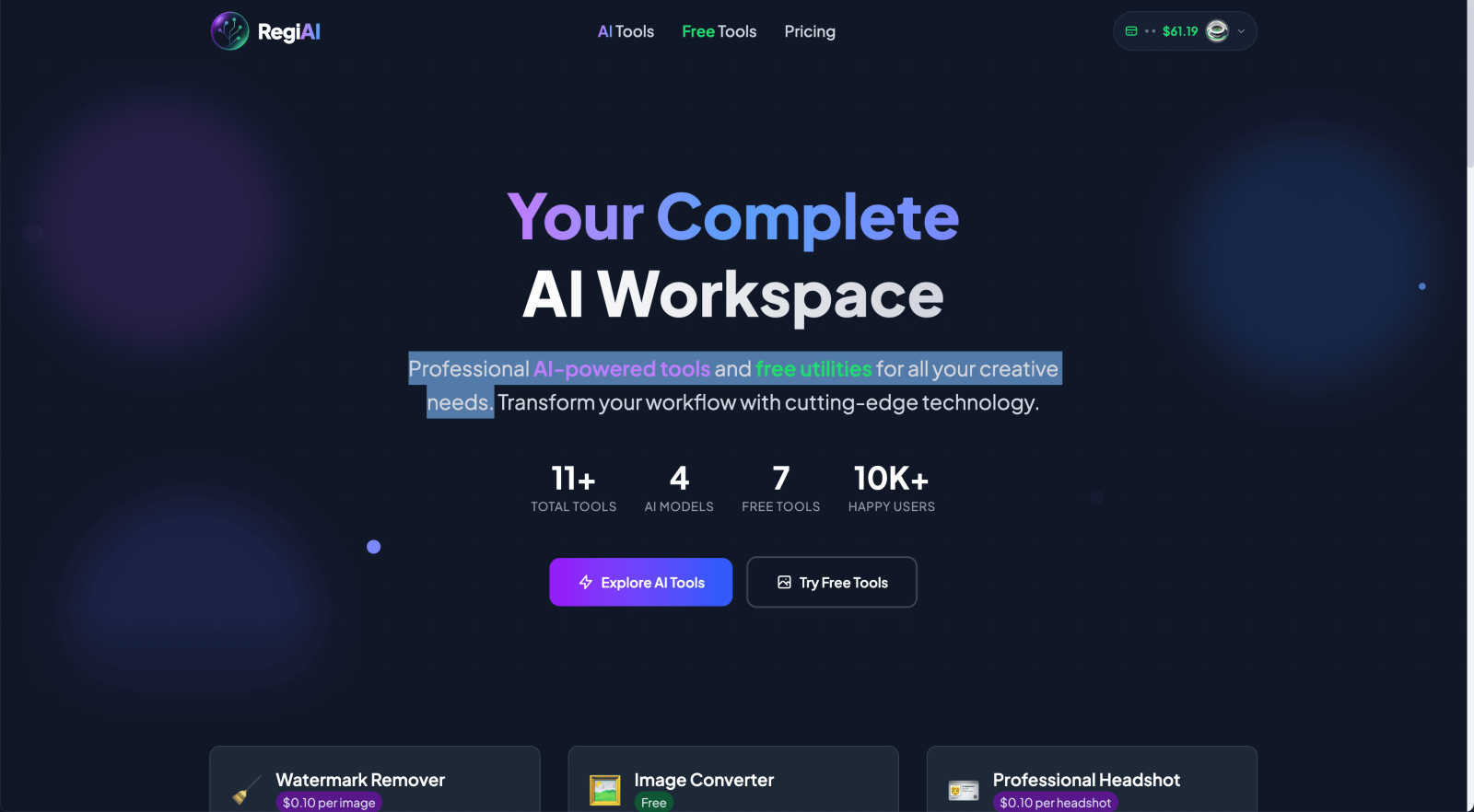 Regi AI interface and professional features