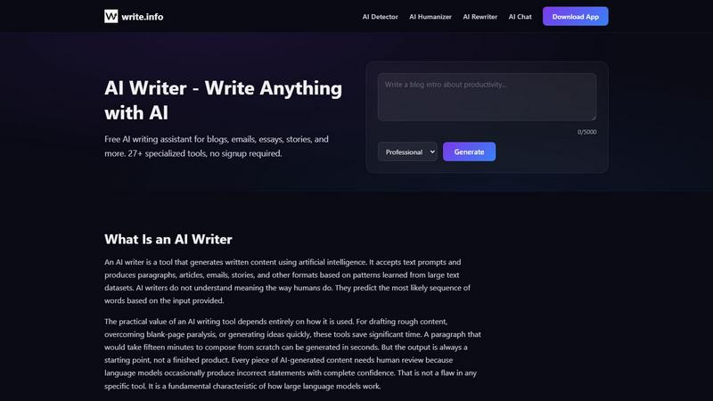 AI Writer Pro - Write.info application interface and features